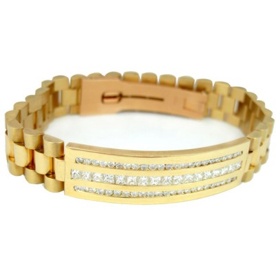 Men's 18K Yellow Gold President ID Bracelet with Round Diamonds.