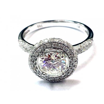 Ladies White Gold Ring with 1.00ct Round Brilliant Diamond in center and 94 round diamonds on side  