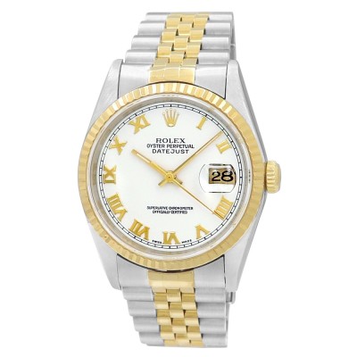 36mm Rolex 18k Yellow Gold and Stainless Steel Datejust Watch White Roman Numeral Dial