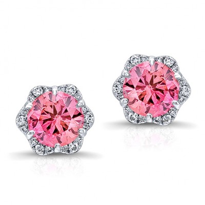 WHITE GOLD INSPIRED PINK ENHANCED ROUND DIAMOND HALO EARRINGS   