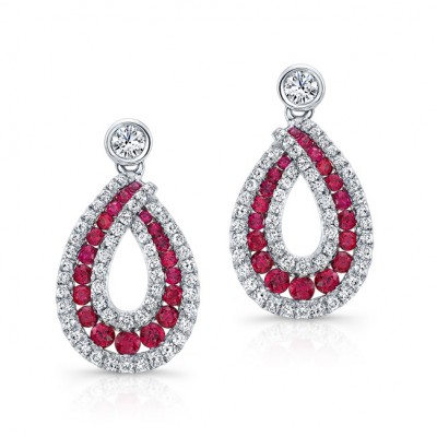 NATURAL COLOR WHITE GOLD ELEGANT RUBY TEAR DROP DIAMOND EARRINGS