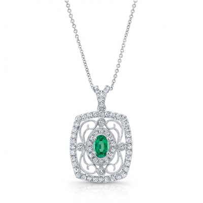 NATURAL COLOR WHITE GOLD VINTAGE OVAL EMERALD DIAMOND PENDANT
