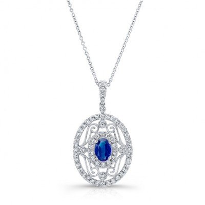 NATURAL COLOR WHITE GOLD INSPIRED VINTAGE SAPPHIRE DIAMOND PENDANT 