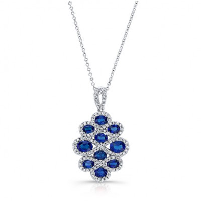 NATURAL COLOR WHITE GOLD ELEGANT SAPPHIRE FLOWER DIAMOND PENDANT    