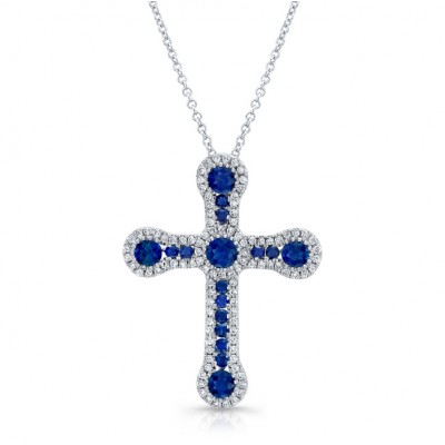NATURAL COLOR WHITE GOLD VINTAGE SAPPHIRE CROSS DIAMOND  PENDANT