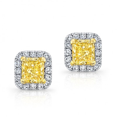 WHITE AND YELLOW GOLD RADIANT FANCY YELLOW DIAMOND STUD EARRINGS