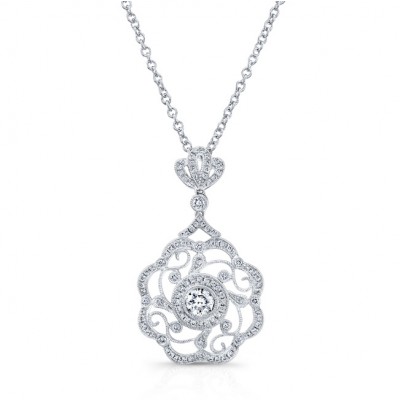  WHITE GOLD VINTAGE ROUND FLOWER DIAMOND PENDANT