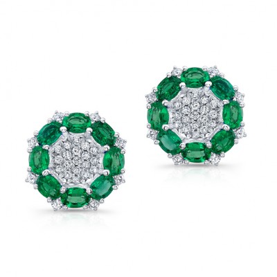 NATURAL COLOR WHITE GOLD EMERALD FLOWER DIAMOND EARRINGS