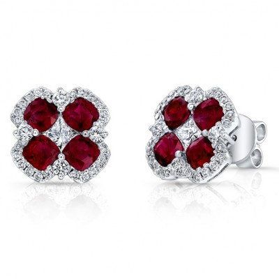 NATURAL COLOR WHITE GOLD TRENDY FLOWER RUBY EARRINGS