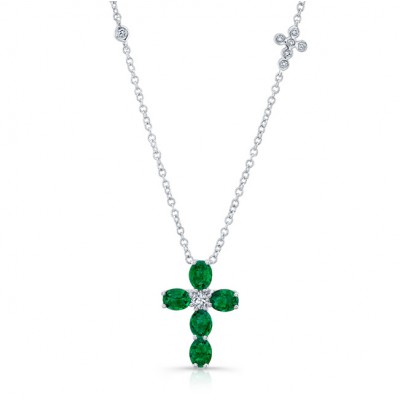 NATURAL COLOR WHITE GOLD EMERALD CROSS DIAMOND  PENDANT