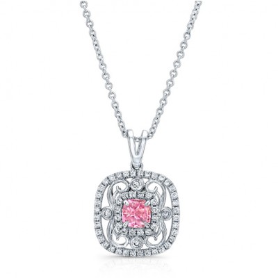 WHITE GOLD VINTAGE PINK ENHANCED CUSHION DIAMOND PENDANT  