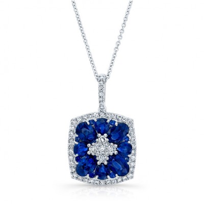 NATURAL COLOR WHITE GOLD INSPIRED FLOWER SAPPHIRE DIAMOND PENDANT