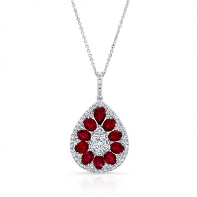 NATURAL COLOR WHITE GOLD TEAR DROP RUBY DIAMOND PENDANT