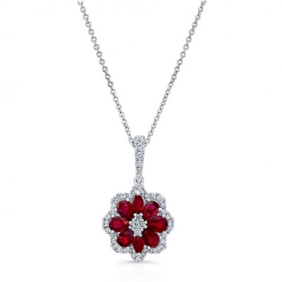 NATURAL COLOR WHITE GOLD INSPIRED RUBY DIAMOND FLOWER PENDANT