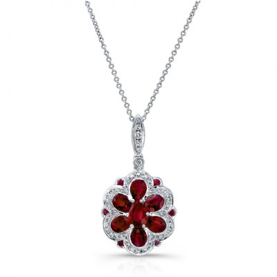 NATURAL COLOR WHITE GOLD VINTAGE RUBY DIAMOND FLOWER PENDANT