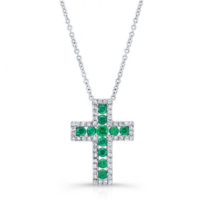 NATURAL COLOR WHITE GOLD INSPIRED EMERALD CROSS DIAMOND  PENDANT