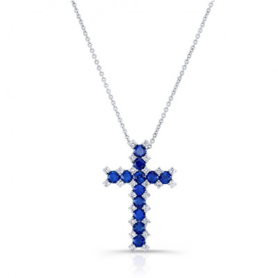 NATURAL COLOR WHITE GOLD SAPPHIRE CROSS DIAMOND  PENDANT