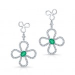 NATURAL COLOR WHITE GOLD FASHION EMERALD DIAMOND FLOWER DROP EARRINGS