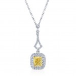WHITE AND YELLOW GOLD ELEGANT FANCY YELLOW CUSHION HALO DIAMOND PENDANT 