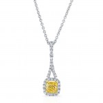 WHITE AND YELLOW GOLD CUSHION FANCY YELLOW DIAMOND PENDANT   
