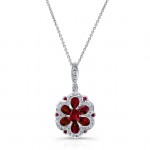 NATURAL COLOR WHITE GOLD VINTAGE RUBY DIAMOND FLOWER PENDANT