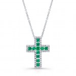 NATURAL COLOR WHITE GOLD INSPIRED EMERALD CROSS DIAMOND  PENDANT