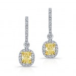 WHITE AND YELLOW GOLD FANCY YELLOW CUSHION DIAMOND DANGLE EARRINGS   