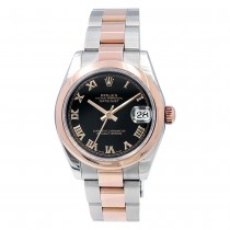 31mm Rolex 18k Rose Gold and Stainless Steel Datejust Watch. Black Roman Numeral Dial.