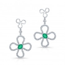 NATURAL COLOR WHITE GOLD FASHION EMERALD DIAMOND FLOWER DROP EARRINGS