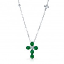 NATURAL COLOR WHITE GOLD EMERALD CROSS DIAMOND  PENDANT