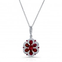 NATURAL COLOR WHITE GOLD VINTAGE RUBY DIAMOND FLOWER PENDANT
