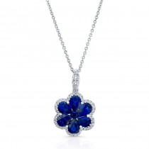 NATURAL COLOR WHITE GOLD  SAPPHIRE FLOWER DIAMOND PENDANT