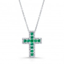 NATURAL COLOR WHITE GOLD INSPIRED EMERALD CROSS DIAMOND  PENDANT