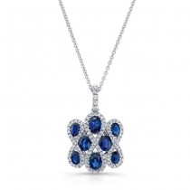 NATURAL COLOR WHITE GOLD CLASSIC SAPPHIRE FLOWER DIAMOND PENDANT    
