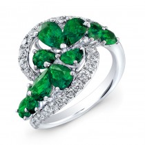 WHITE GOLD NATURAL COLOR DAZZLING EMERALD SWIRLED DIAMOND RING