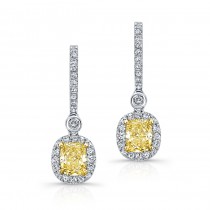 WHITE AND YELLOW GOLD FANCY YELLOW CUSHION DIAMOND DANGLE EARRINGS   