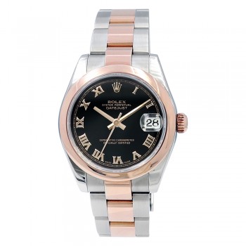 31mm Rolex 18k Rose Gold and Stainless Steel Datejust Watch. Black Roman Numeral Dial.