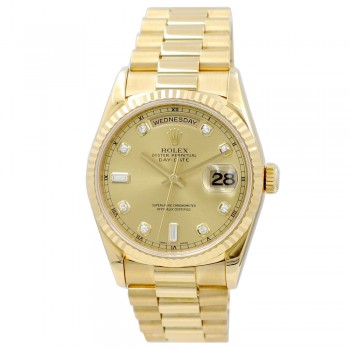 36mm Rolex 18k Yellow Gold Oyster Perpetual Day-Date Watch.