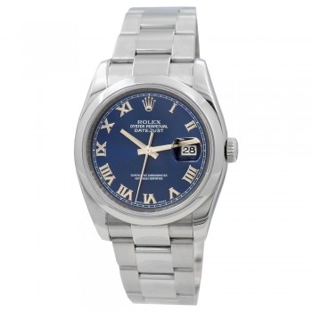 36mm Rolex Stainless Steel Datejust Blue Roman Numeral Dial