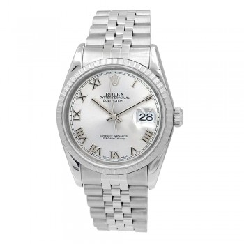 36mm Rolex Stainless Steel Datejust Watch Silver Roman Numeral Dial