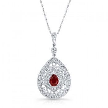 NATURAL COLOR WHITE GOLD VINTAGE TEAR DROP RUBY DIAMOND PENDANT