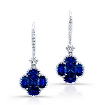 NATURAL COLOR WHITE GOLD SAPPHIRE FLOWER DIAMOND DROP EARRINGS