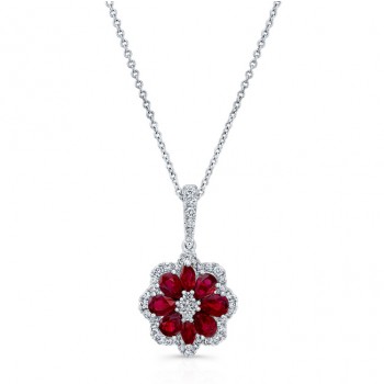 NATURAL COLOR WHITE GOLD INSPIRED RUBY DIAMOND FLOWER PENDANT
