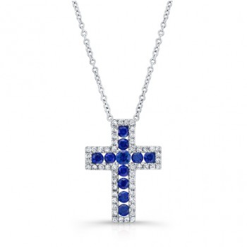NATURAL COLOR WHITE GOLD ELEGANT SAPPHIRE CROSS DIAMOND PENDANT