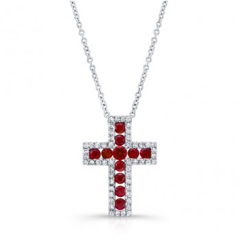 NATURAL COLOR WHITE GOLD RUBY CROSS DIAMOND PENDANT