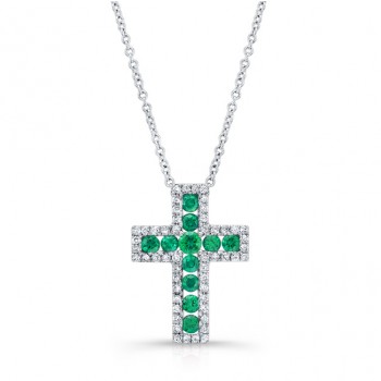 NATURAL COLOR WHITE GOLD INSPIRED EMERALD CROSS DIAMOND  PENDANT