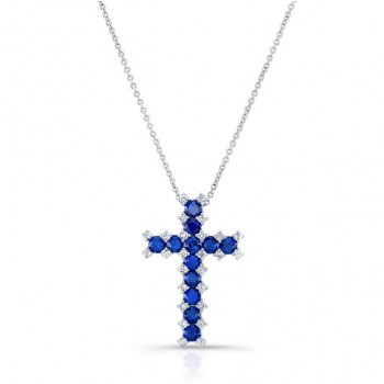 NATURAL COLOR WHITE GOLD SAPPHIRE CROSS DIAMOND  PENDANT