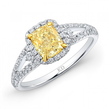 WHITE AND YELLOW GOLD FANCY YELLOW CUSHION DIAMOND HALO BRIDAL RING