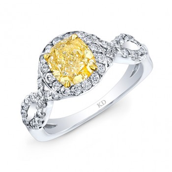 WHITE AND YELLOW GOLD TWISTED FANCY YELLOW CUSHION DIAMOND ENGAGEMENT RING